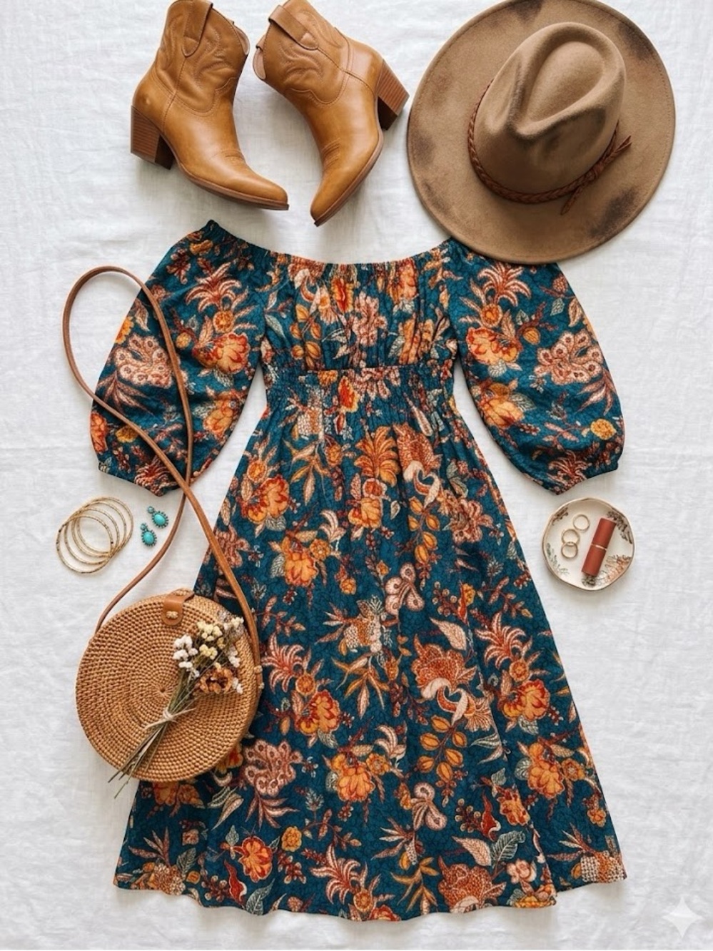 Ulla Johnson Teal Floral Midi Dress with Orange Blooms